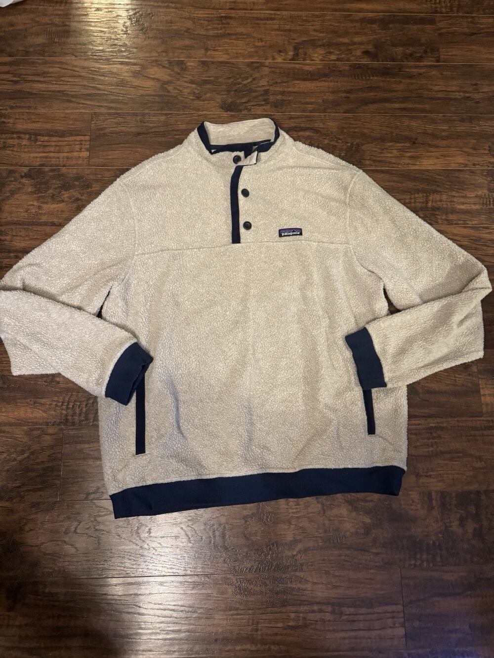 Patagonia Sweatshirt Mens Beige Fleece Henley Mock Neck Pullover Pockets XL